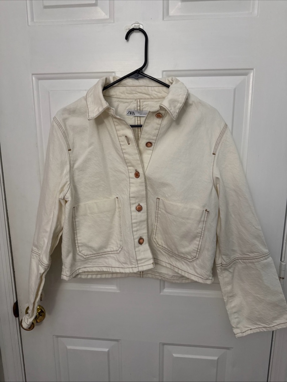 Zara Off-White Cotton Button-Front Utility Jacket